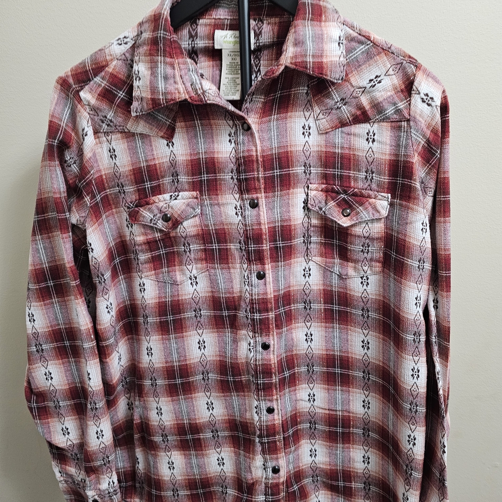 As Real As Wrangler Women's Shirt XL Red Tartan Pearl Snap Metallic Shimmer